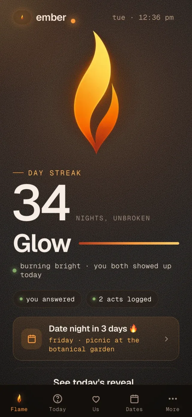 Ember home on a phone: a shared streak counter, level, and an upcoming date night