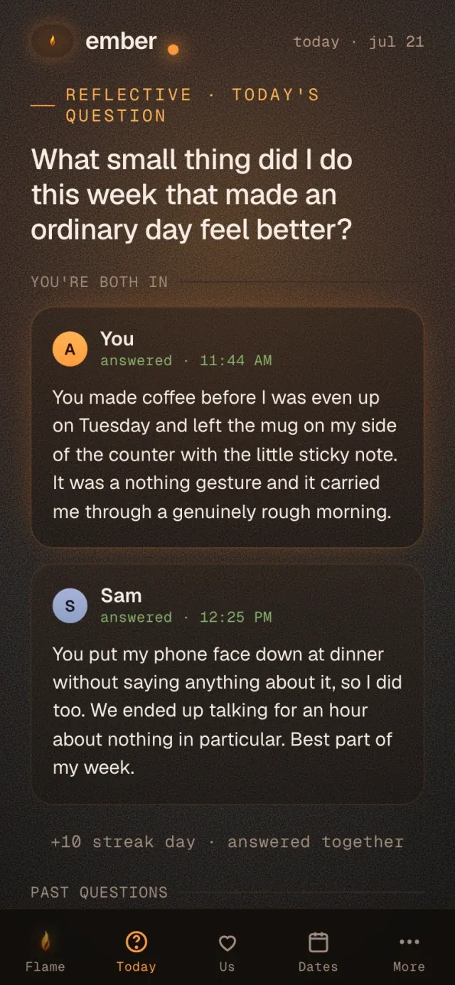 Ember daily question after both partners answered, showing both responses side by side