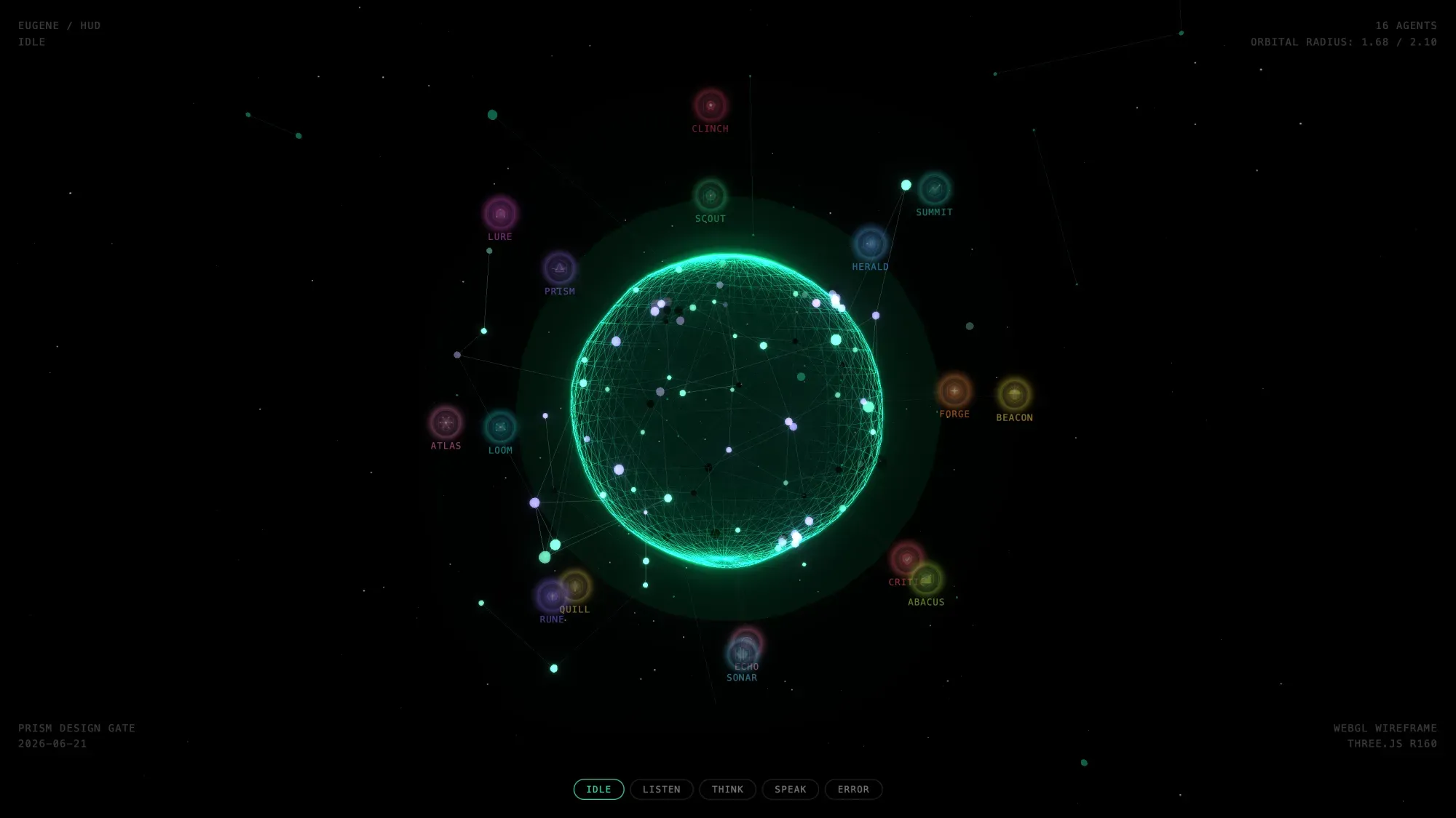 Eugene HUD: a state-reactive cosmic orb rendered in Three.js against a starfield