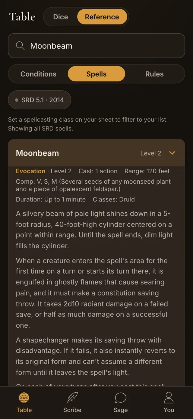 Hearthbook rules reference on a phone: the Moonbeam spell entry from the SRD, expanded
