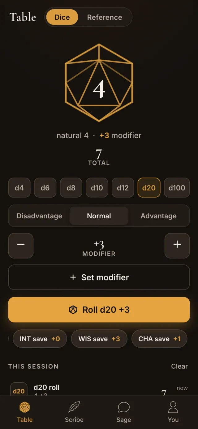 Hearthbook Table view on a phone: the live session table with party and encounter state