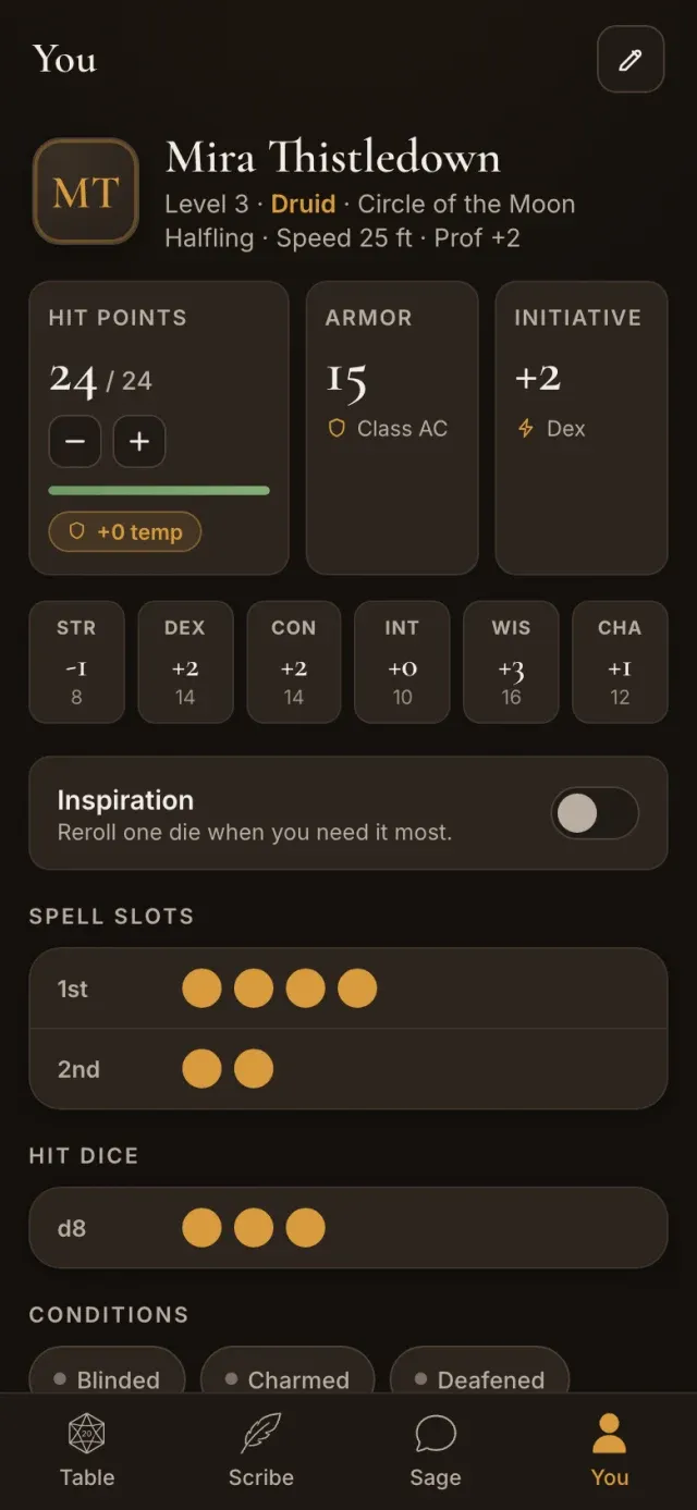 Hearthbook You view on a phone: the character sheet with stats, skills, and abilities