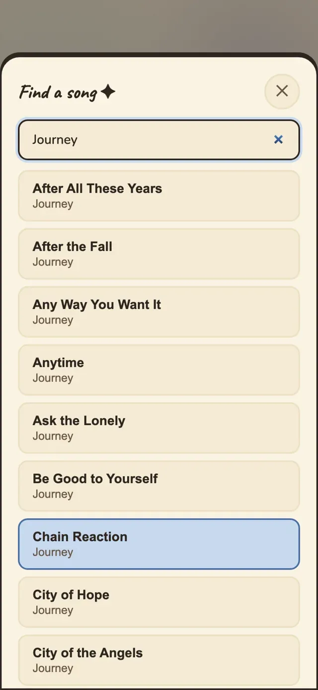 Karaoke song catalog search on a phone, filtering thousands of tracks by artist