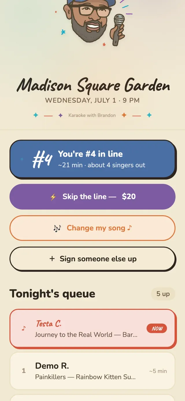 Karaoke sign-up on a phone during a live show, with tonight’s queue below the form